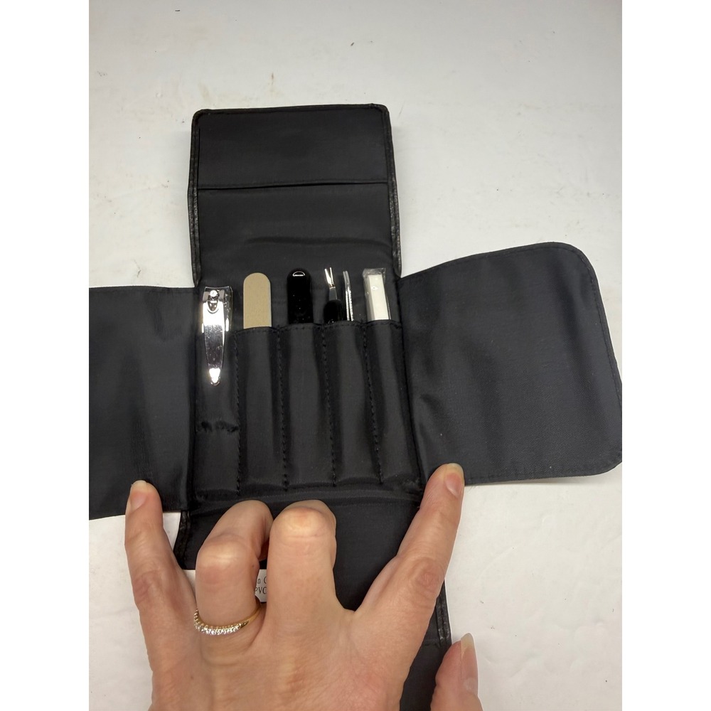 Black Pebbled Folding Travel Manicure Set 6 Piece Nail Grooming Kit Case